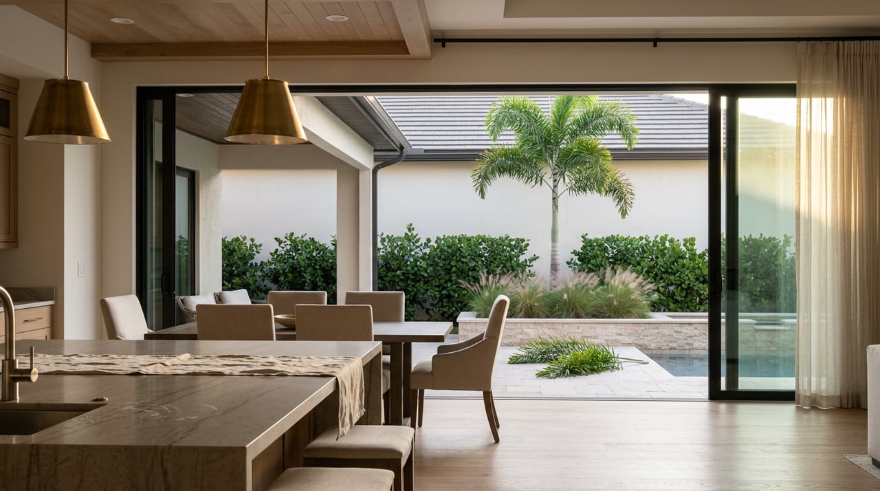 Open kitchen and dining area facing glass sliders, with a stone island, wood-beamed ceiling, and foxtail palm outside.