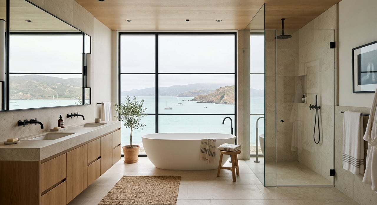 White oval tub beside a white oak vanity, with limestone surfaces and a window overlooking aqua water.