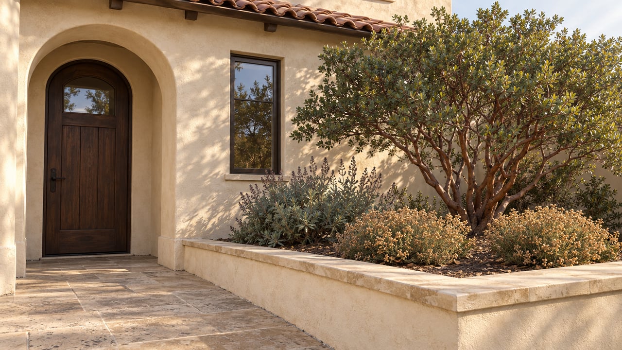 Warm stucco home entry with an arched oak door, limestone paving and a raised bed of manzanita, sage and buckwheat.