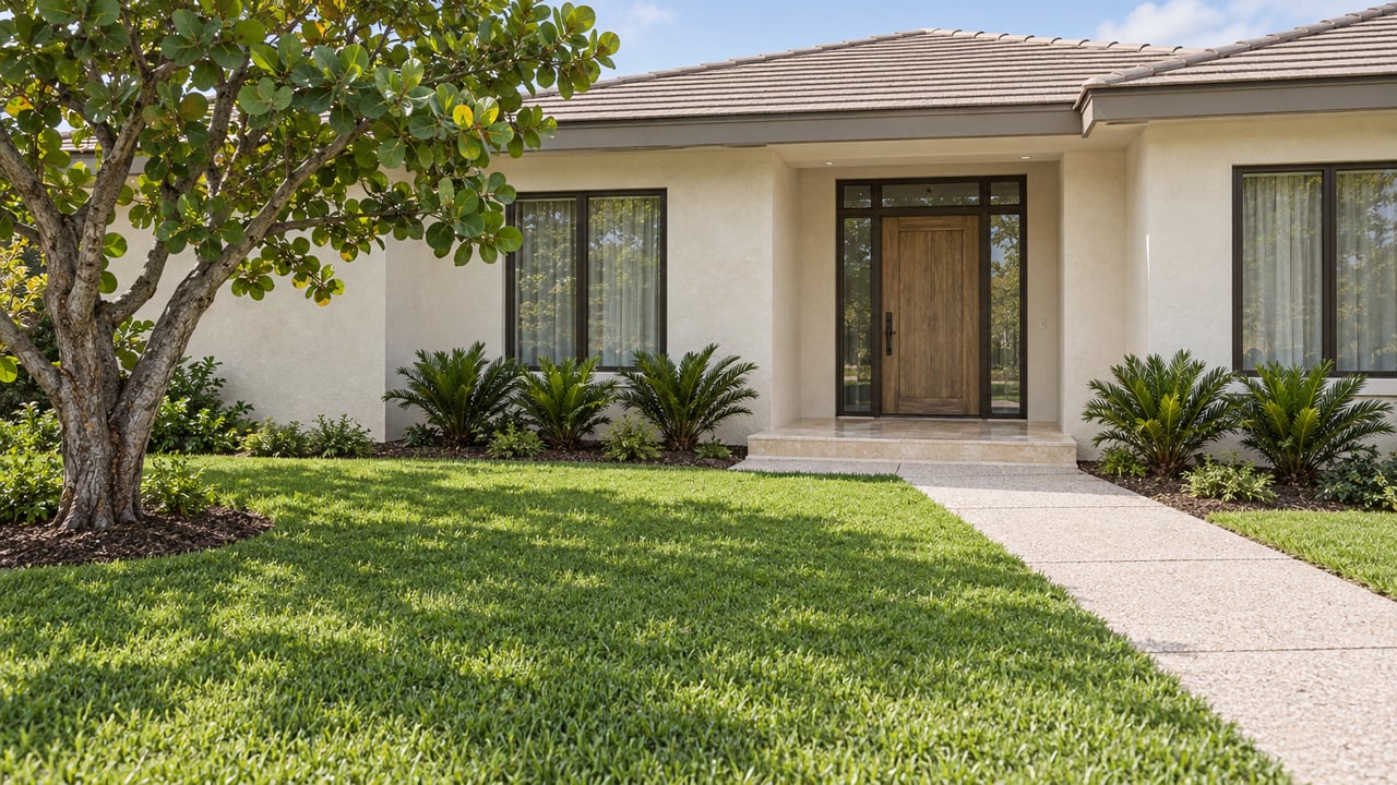 Ivory stucco home with a pale tiled roof, recessed limestone entry and deep green lawn beneath a broad-leaved tree.