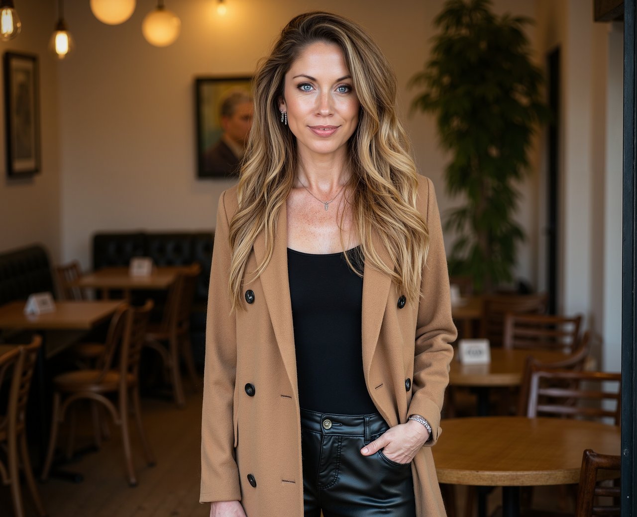 Sarah Sykes in a tan coat standing in a warmly lit restaurant.