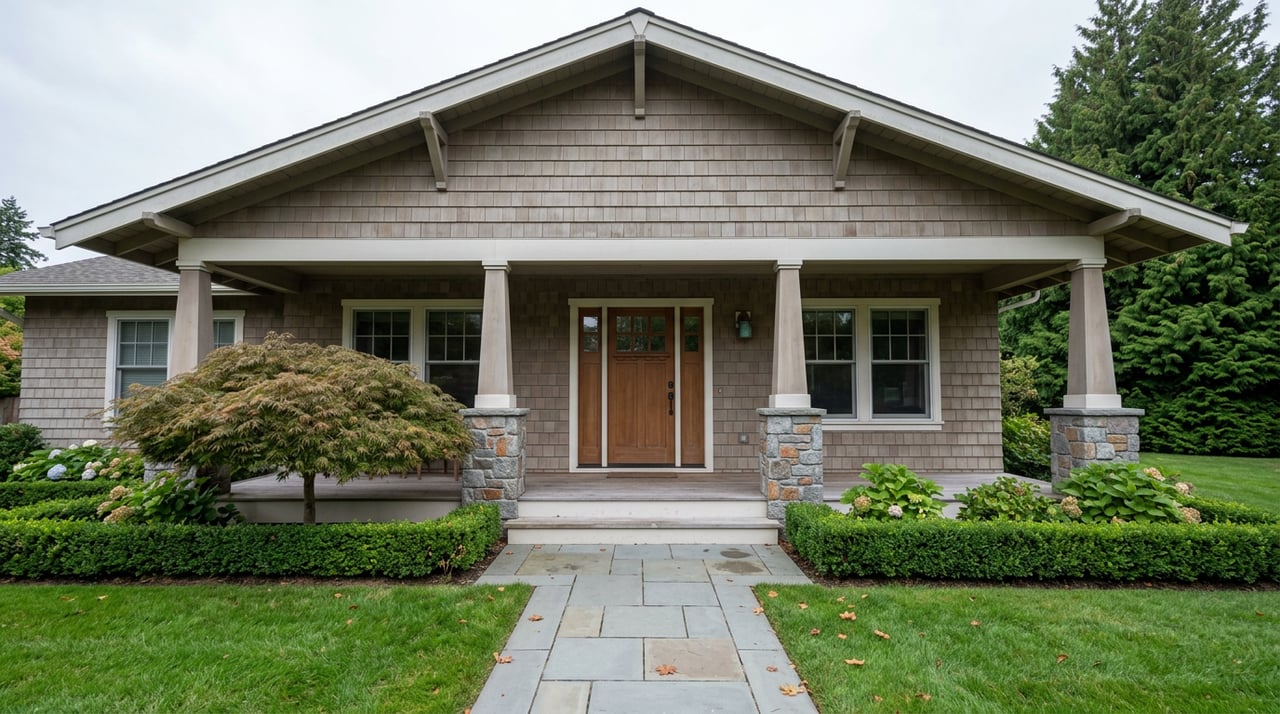 Two-story cedar-shingle home with a covered porch, stone piers, and a Japanese maple beside the walkway.