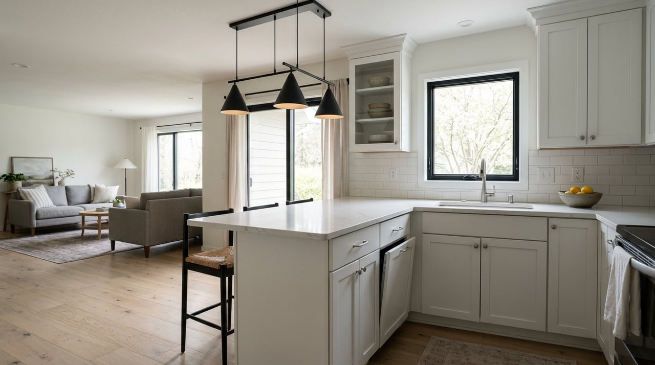 White shaker kitchen with a quartz island, black pendant lights, and a farmhouse sink beneath a window.