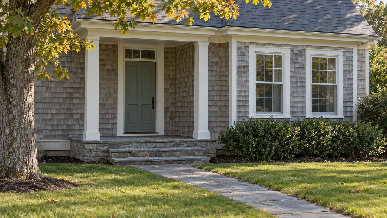 Weathered shingle house with a covered entry, bluestone walk, oak tree, and gently sloping lawn.