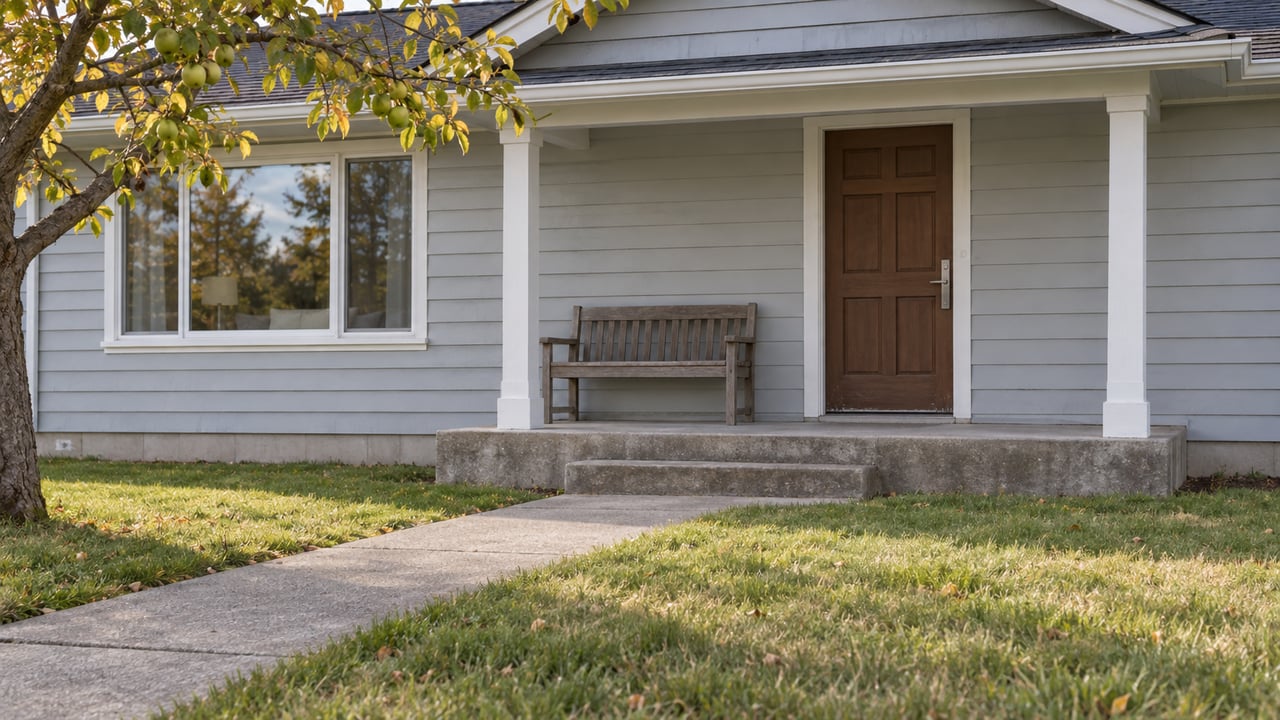 A modest gray-sided home with a shallow porch, cedar bench, concrete front walk and autumn apple branches.