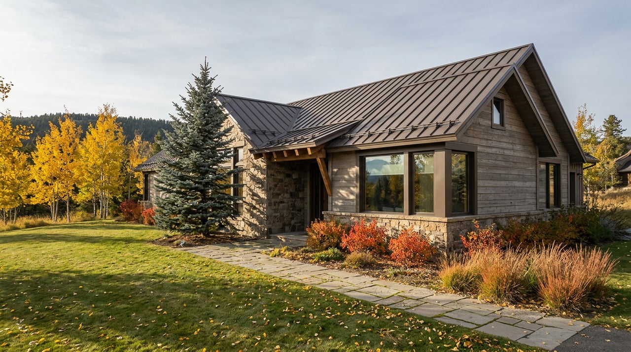 Mountain home with stone and cedar facade, steep metal gable roof, and a spruce casting a long shadow across the lawn.