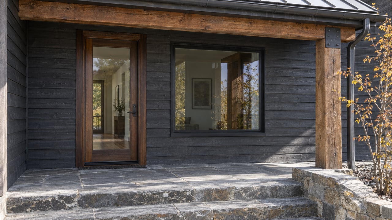 Close view of a charcoal wood home with a glazed entry, checked timber porch supports, quartzite steps, and copper-yellow serviceberry leaves.