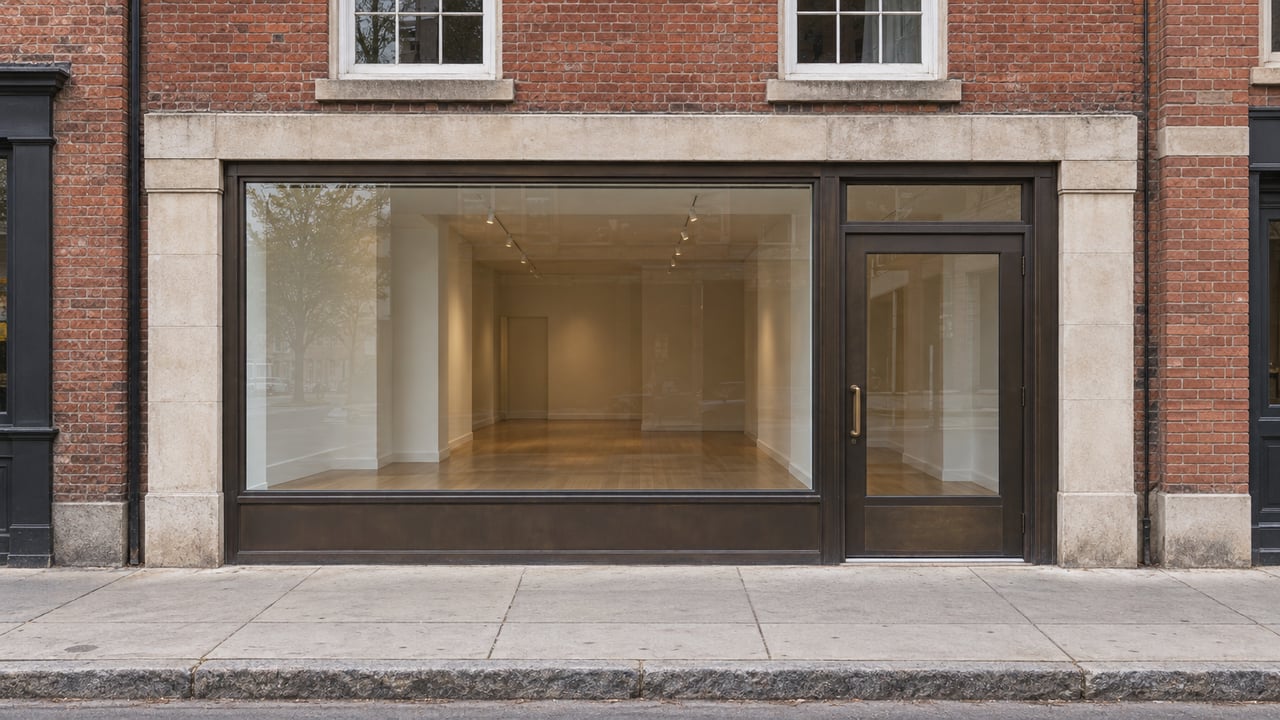Narrow red-brick storefront with two upper sash windows, a broad shop window, and a glazed door.