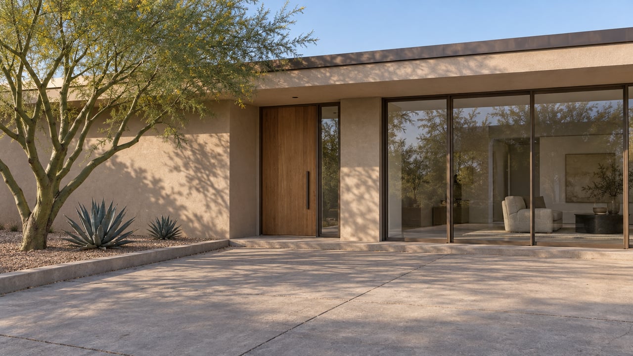 Low modern home with bronze-framed glazing, a recessed wood entry and a broad concrete arrival court beside a sculptural green-trunked tree.
