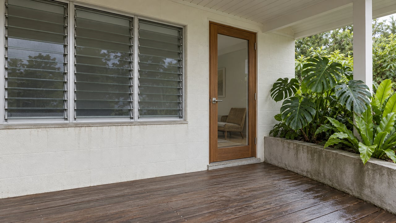 Covered timber lanai beside pale painted block walls, closed jalousie windows and a glazed timber door, with rain-beaded split leaves in a raised planter.