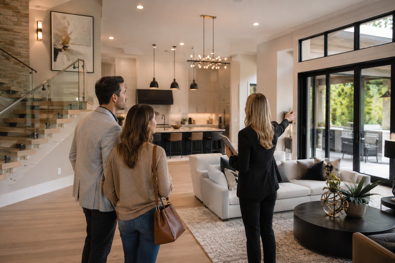 A luxury home tour in a modern high-end residence featuring soaring ceilings, an open-concept living area, designer kitchen, expansive windows, and a real estate agent guiding buyers through premium finishes and architectural details.