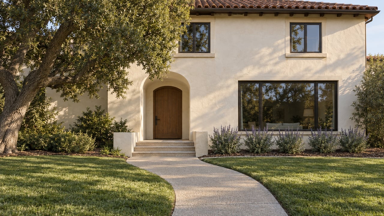 Cream stucco home with terracotta roof, bronze-framed windows and a recessed oak entry beyond a deep lawn and curved concrete approach.
