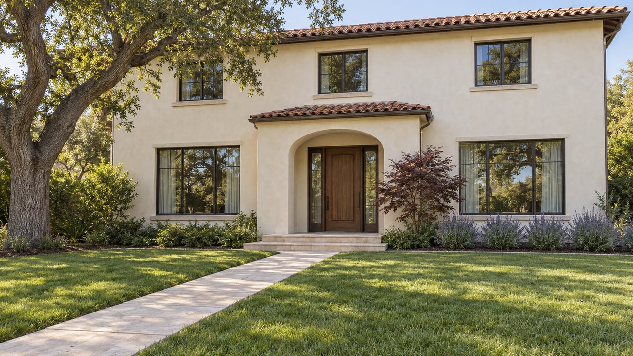 Cream plaster home with terracotta roof, bronze-framed windows and a recessed arched entry beyond a broad lawn and pale stone walk.