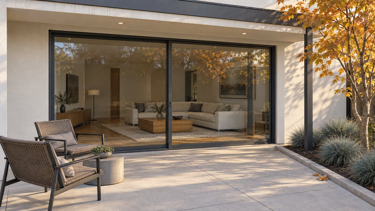 Contemporary home's covered terrace with charcoal-framed glass doors, pale paving, two woven outdoor chairs and an autumn maple beside a raised paving curb.