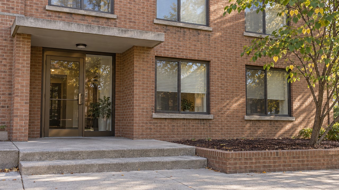 Warm brick apartment entrance with bronze-framed glass, worn concrete steps and a redbud tree in a raised planting bed.