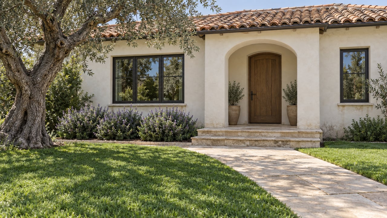 Ivory stucco home with a clay tile roof, recessed arched entrance and limestone approach across a deep lawn beneath a mature olive tree.