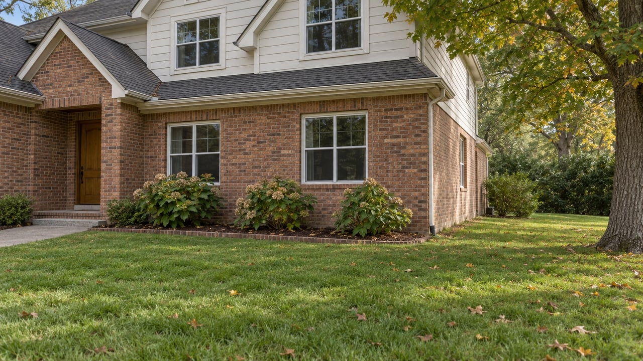 Brick and ivory-sided house viewed across a deep lawn, with oakleaf hydrangeas at the foundation and a mature white oak beside the side yard.