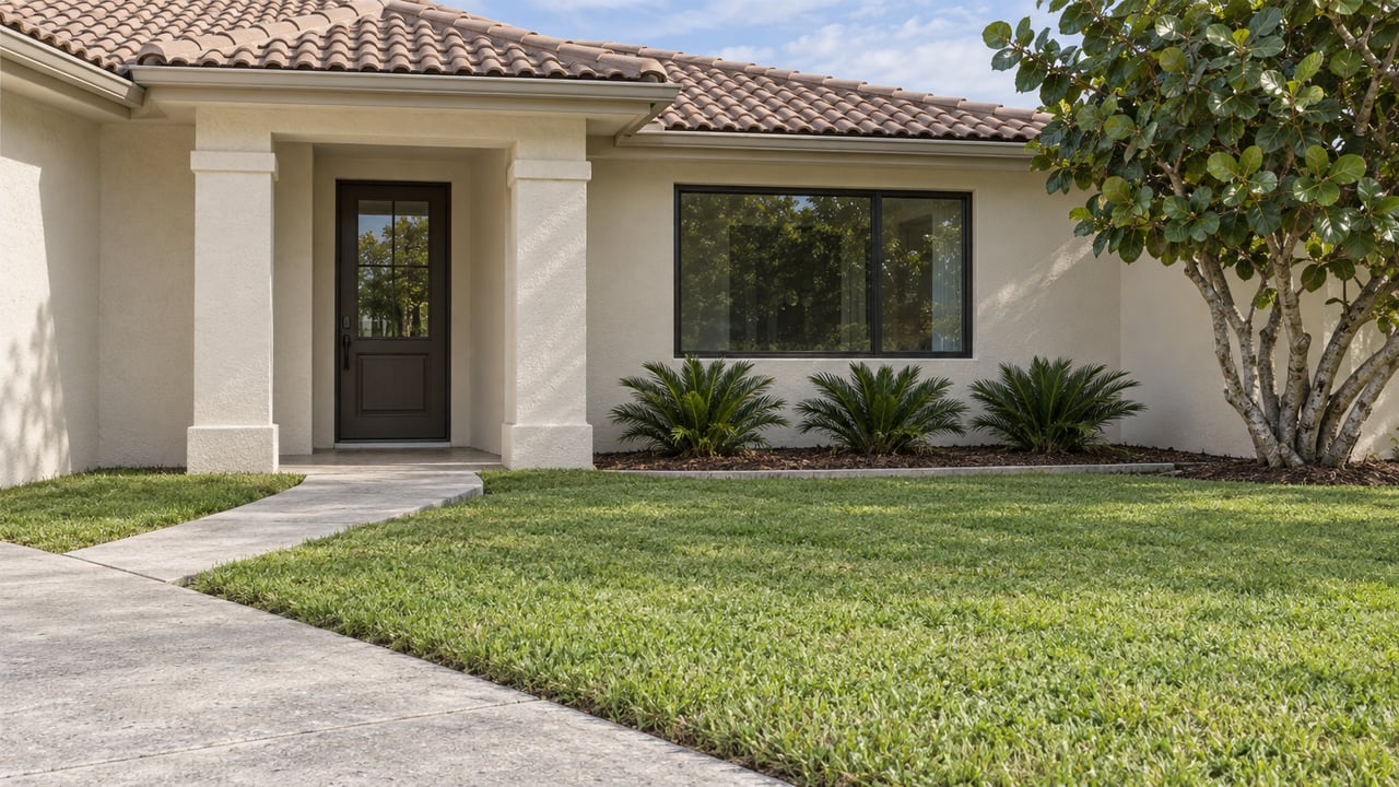 Cream stucco home with a tan tile roof, shaded glass-panel front door, broad lawn, and carefully spaced native planting.