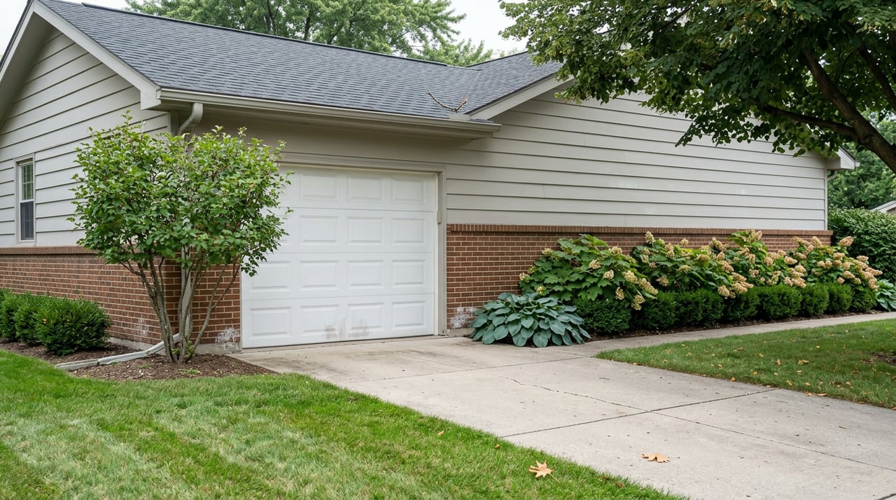 Suburban home’s side-load garage beyond a concrete driveway, framed by a tree canopy and layered foundation plants.