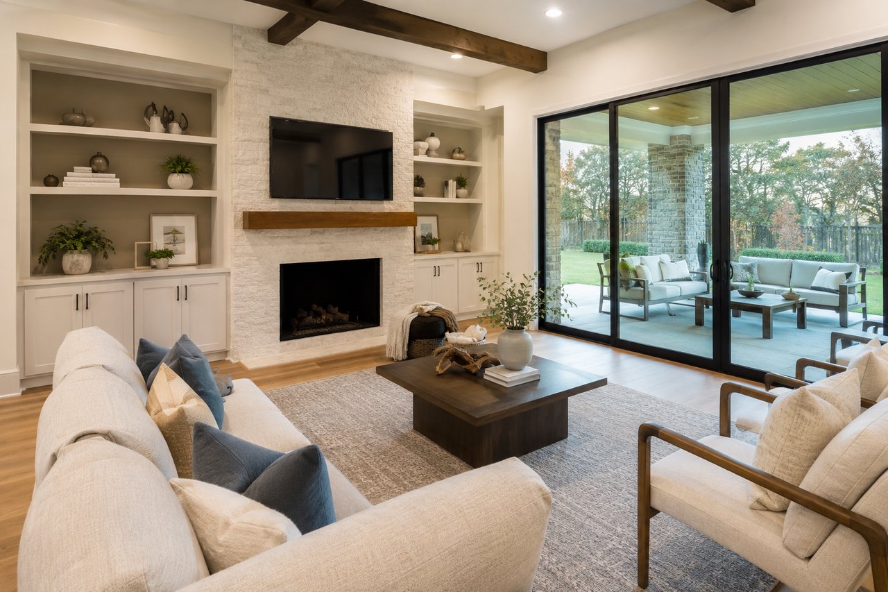 Bright, professionally staged living room prepared for real estate video marketing, featuring modern furnishings, natural light, a fireplace, and an inviting outdoor view.