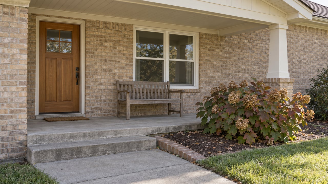 Buff-brick home's covered porch with a wood entry door, paired windows, worn oak bench and concrete steps beside autumn oakleaf hydrangea.