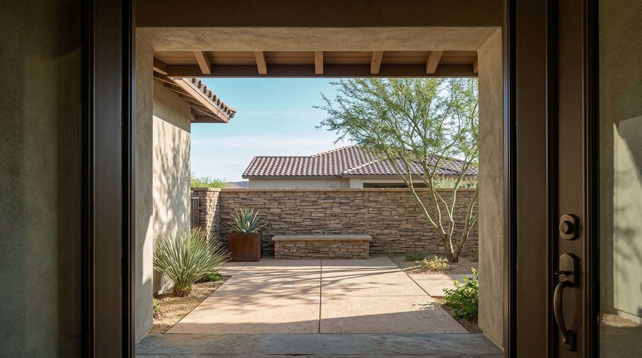 A stone courtyard with a built-in bench, agave planter, and mesquite tree beneath a tiled roof eave.