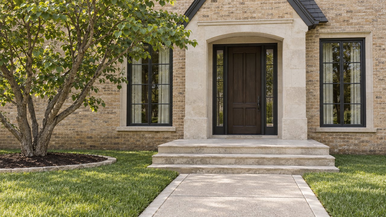 Buff-brick home entrance with limestone steps, a dark oak door, paired windows and a branching redbud beside the lawn.