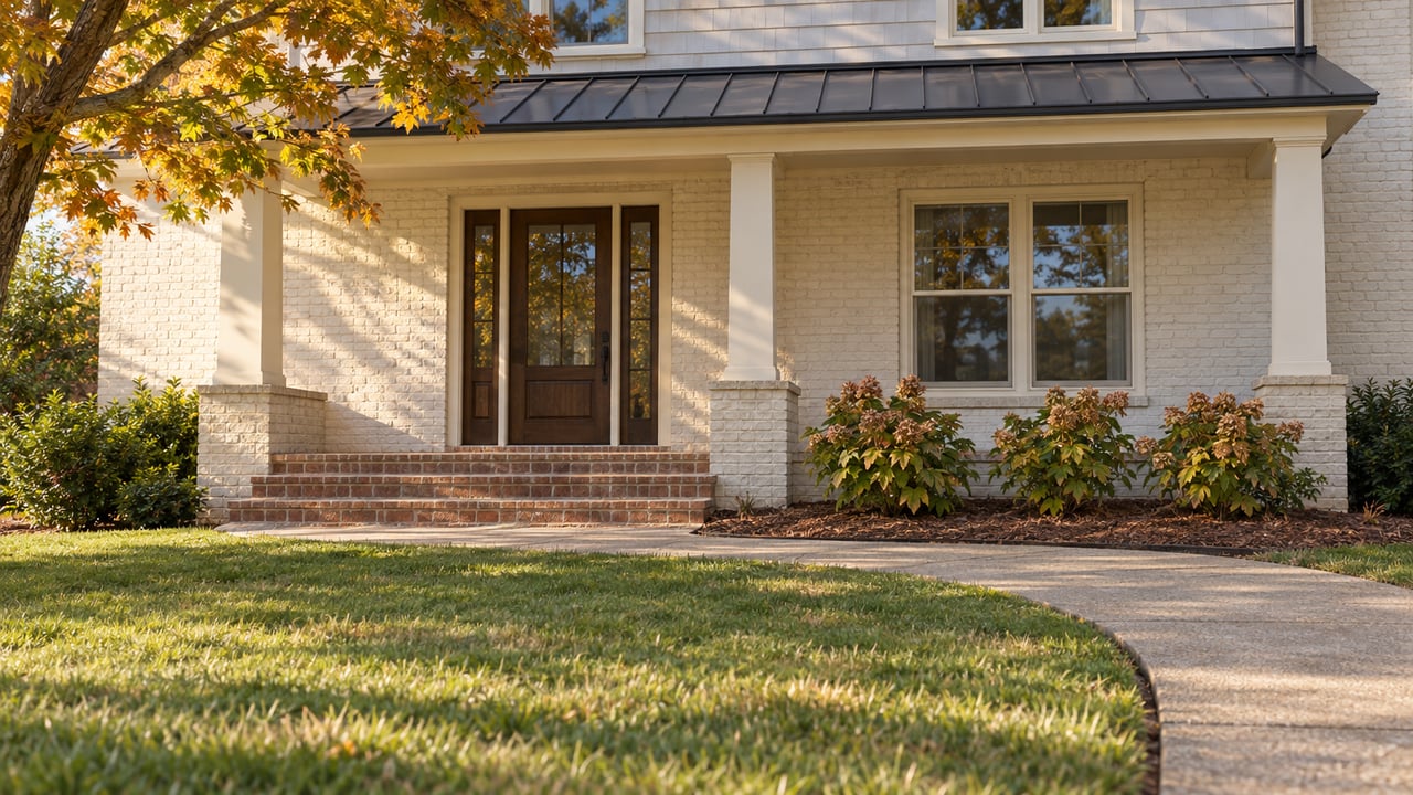 Ivory brick home with a raised brick porch, curved concrete approach and autumn maple above a deep lawn.