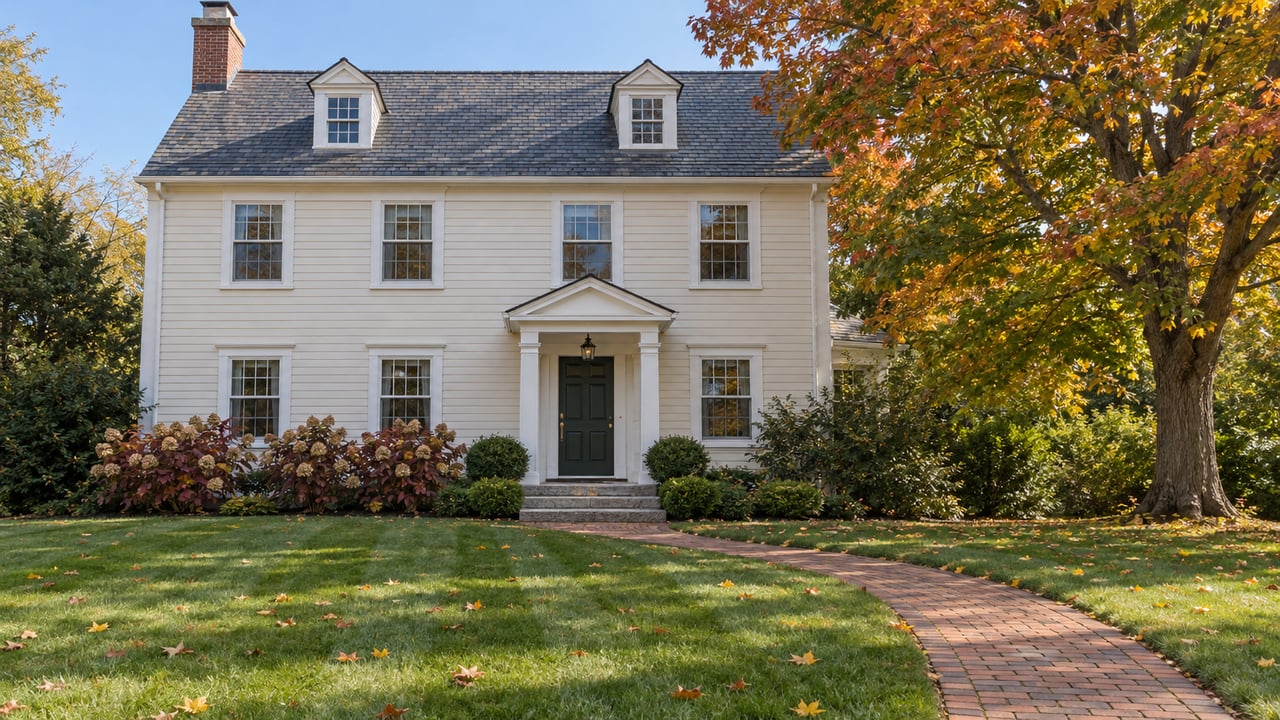 Ivory clapboard home with slate roof, granite entry steps and a brick walk across a deep autumn lawn beneath a sugar maple.