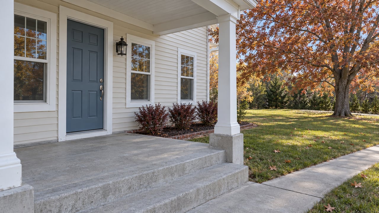 Cream-sided home with a blue front door, white porch columns and concrete steps beside a lawn and russet-leaved white oak.