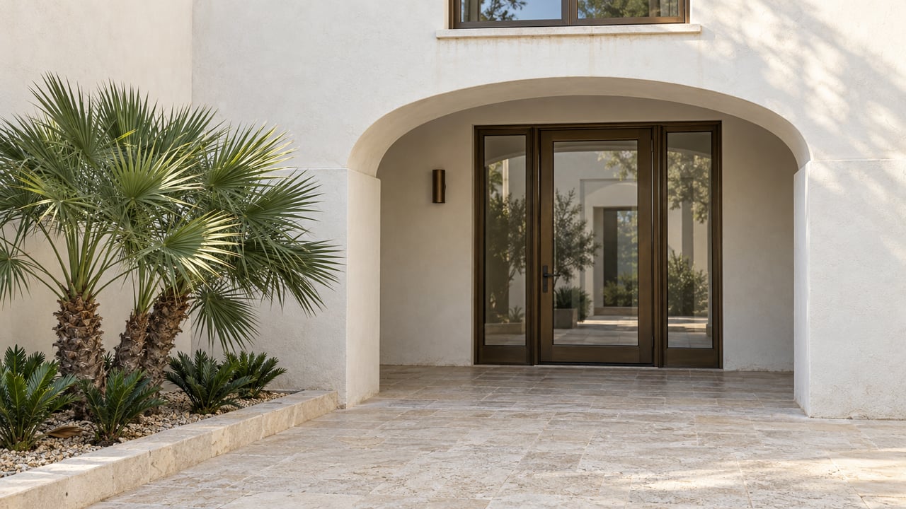 White stucco courtyard entrance with an elliptical arch, bronze glazed door, pale limestone paving and a sculptural fan palm.