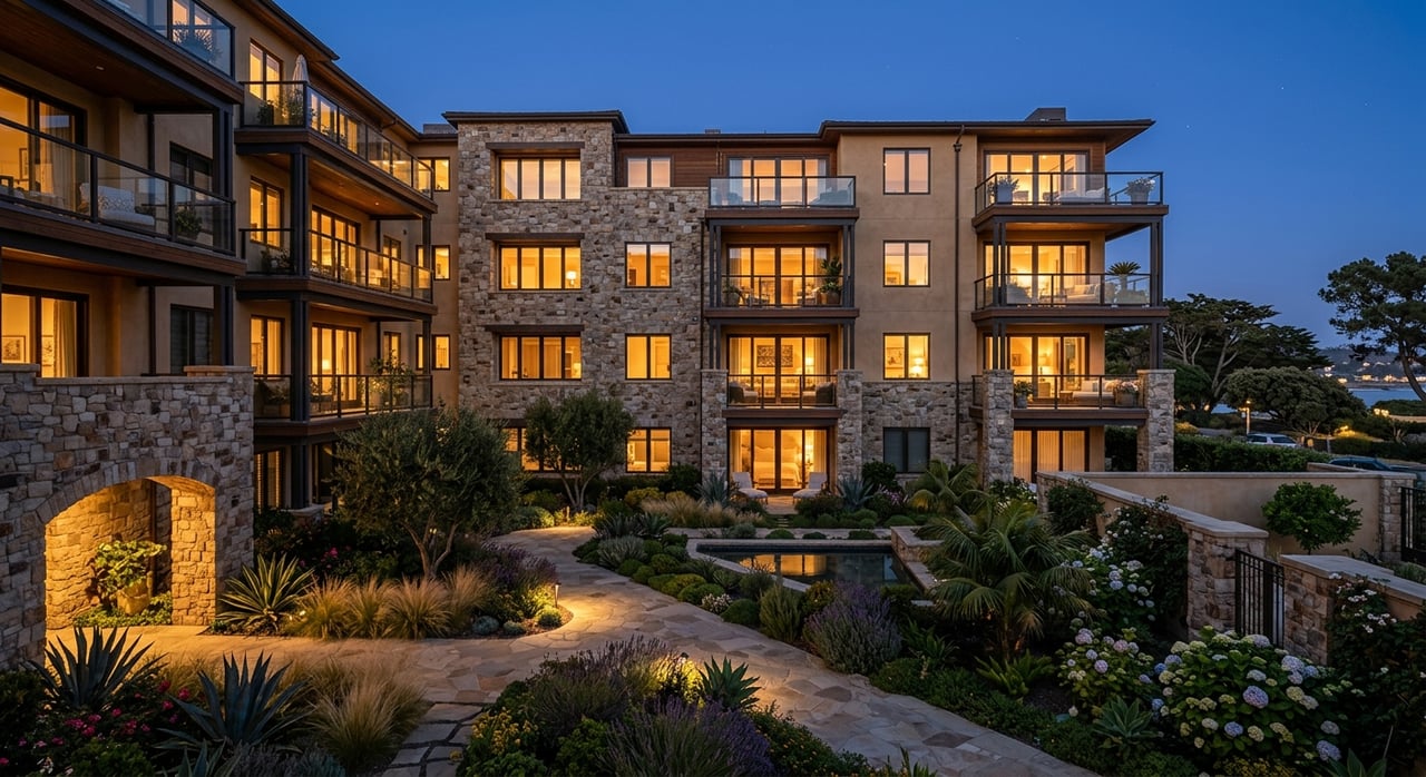 Three-story condo facade with glass balconies, warm lit windows, and tropical courtyard planting at twilight.