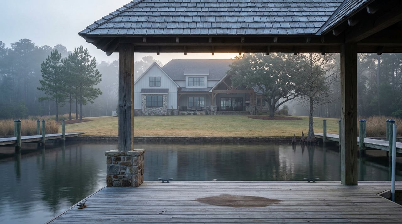 Fieldstone-and-timber lakefront home beyond a dock, framed by mist, a broad lawn, and mature trees.