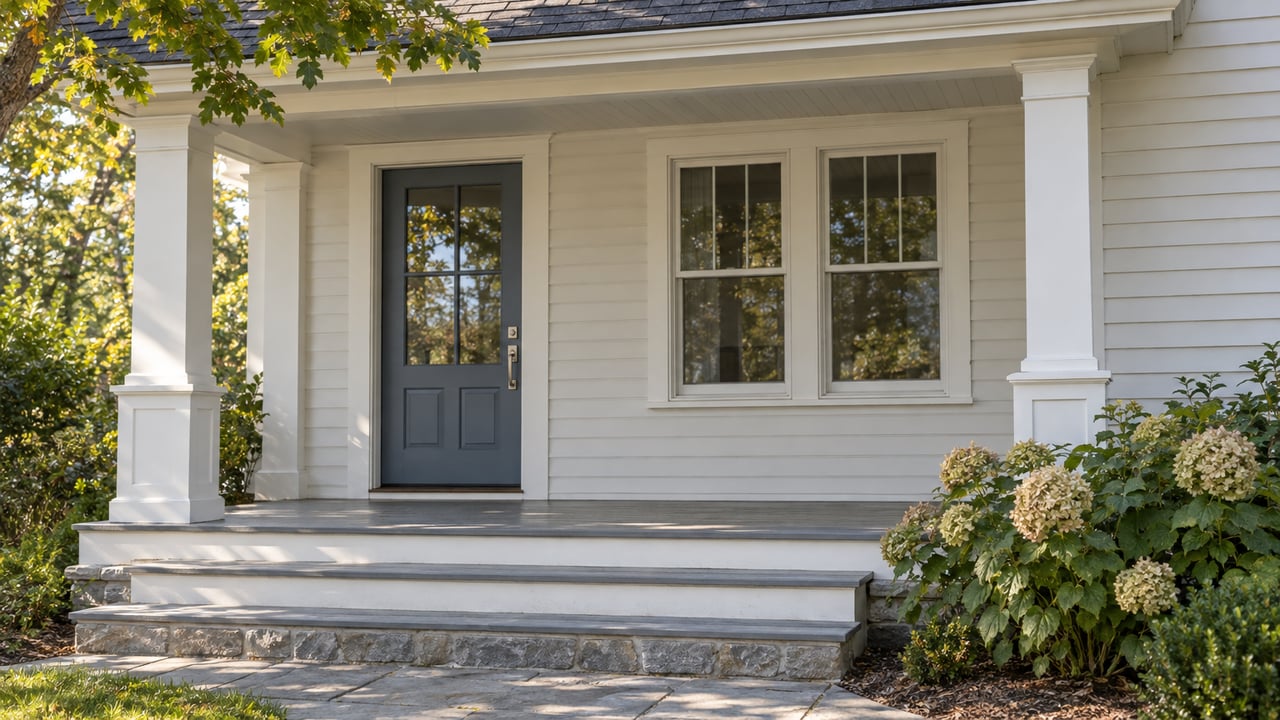 Off-white clapboard porch with a slate-blue door, paired window, broad steps, and oak branches overhead.