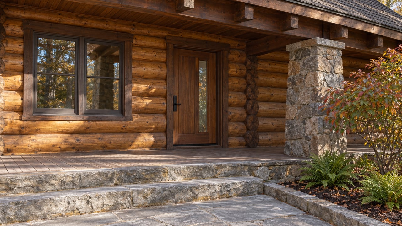Amber log home entry with paired dark-trim windows, a fieldstone porch column, worn timber decking and sandstone steps beside autumn sourwood leaves.