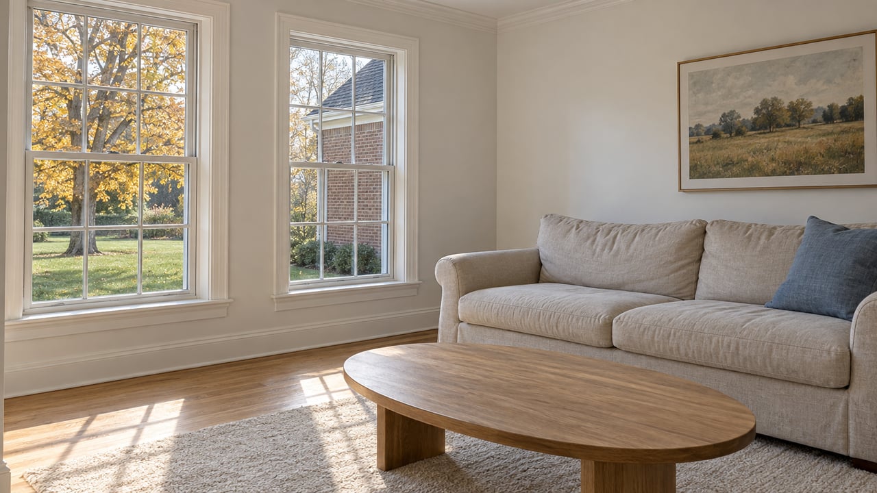 Sunlit living room with pale oak floors, a linen sofa and two sash windows overlooking an autumn lawn and brick wing.