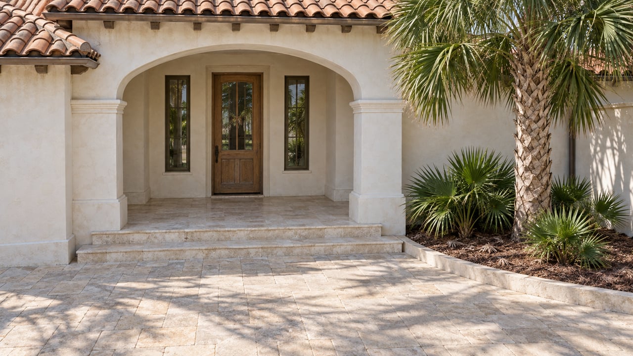 An arched ivory-stucco home entrance with terracotta roof tiles, limestone steps, bronze-framed windows and a palm-planted courtyard.