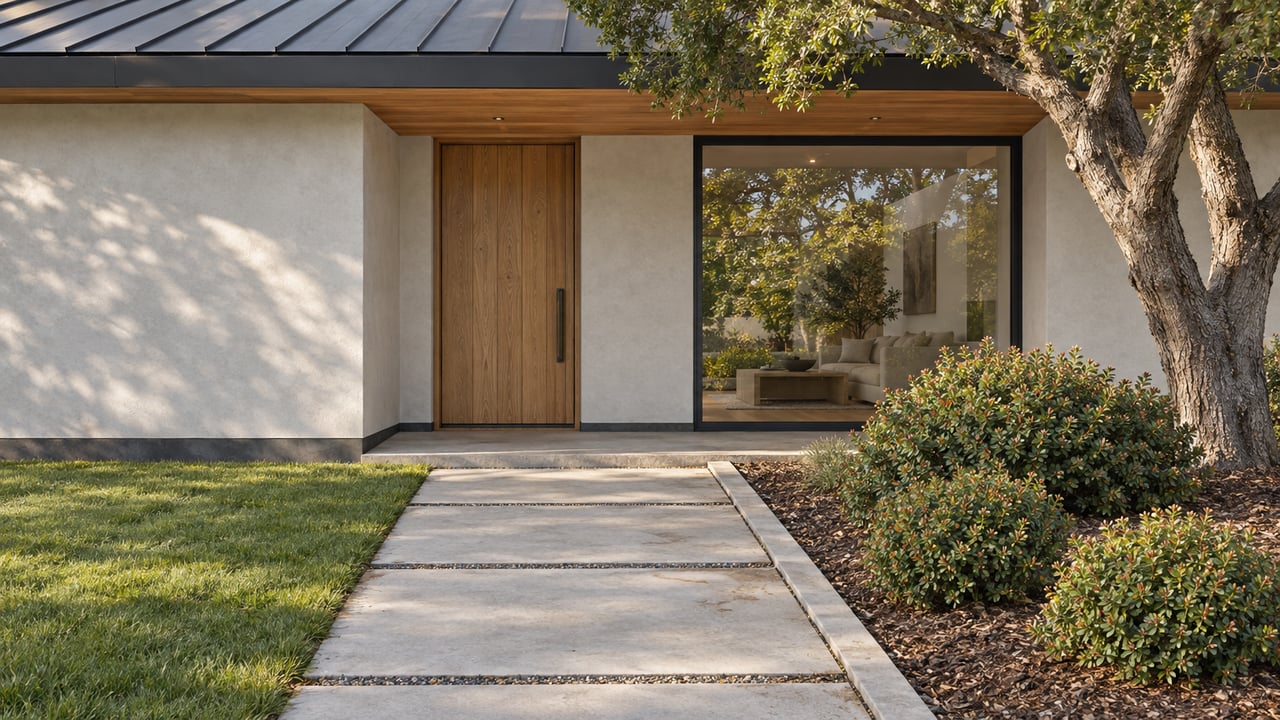 A pale gray single-story home with a timber entrance, dark-framed window, concrete garden path, lawn, and mature oak.