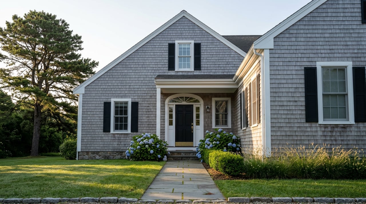 Gray-shingled home with black shutters, blue hydrangeas, and a mature pine beside the lawn and stone walk.
