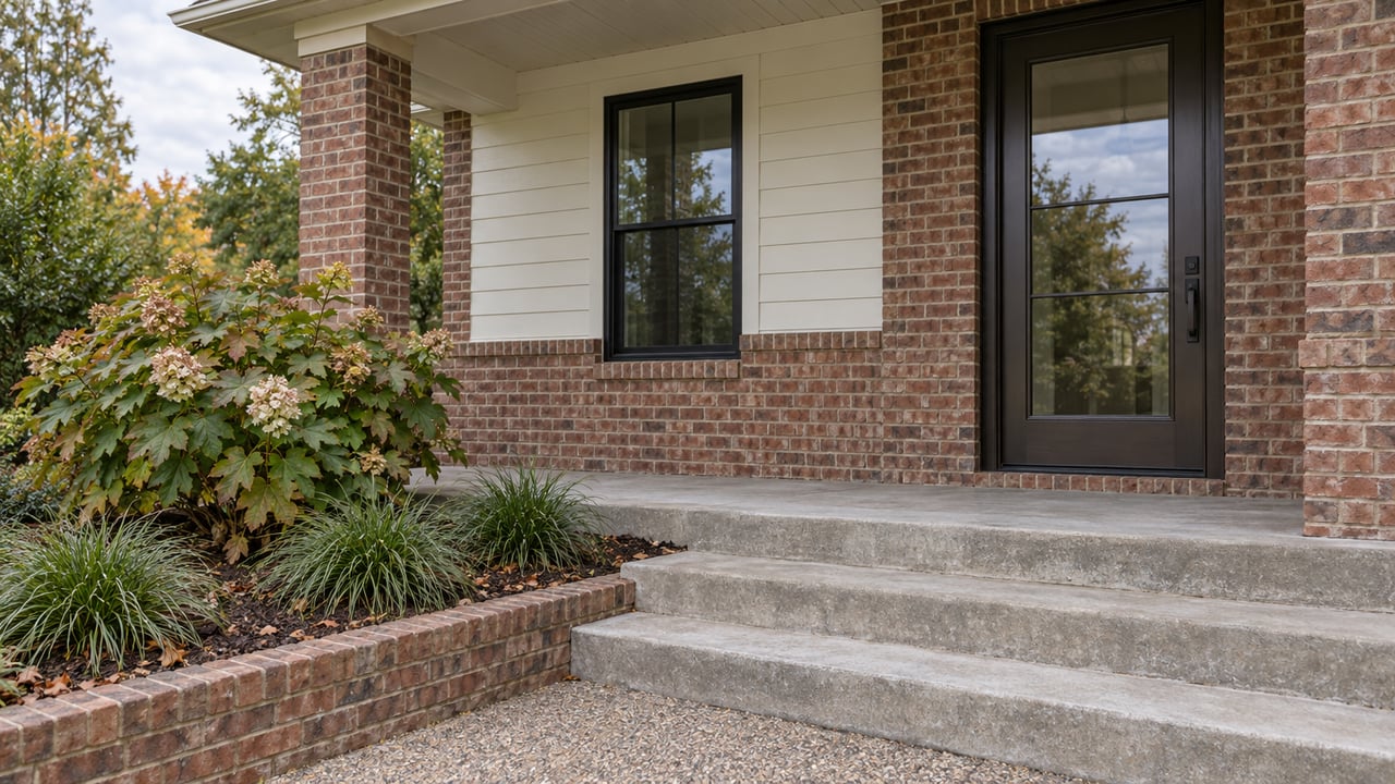 Brick house entry with a dark bronze glass door, ivory siding, concrete steps, and an oakleaf hydrangea.