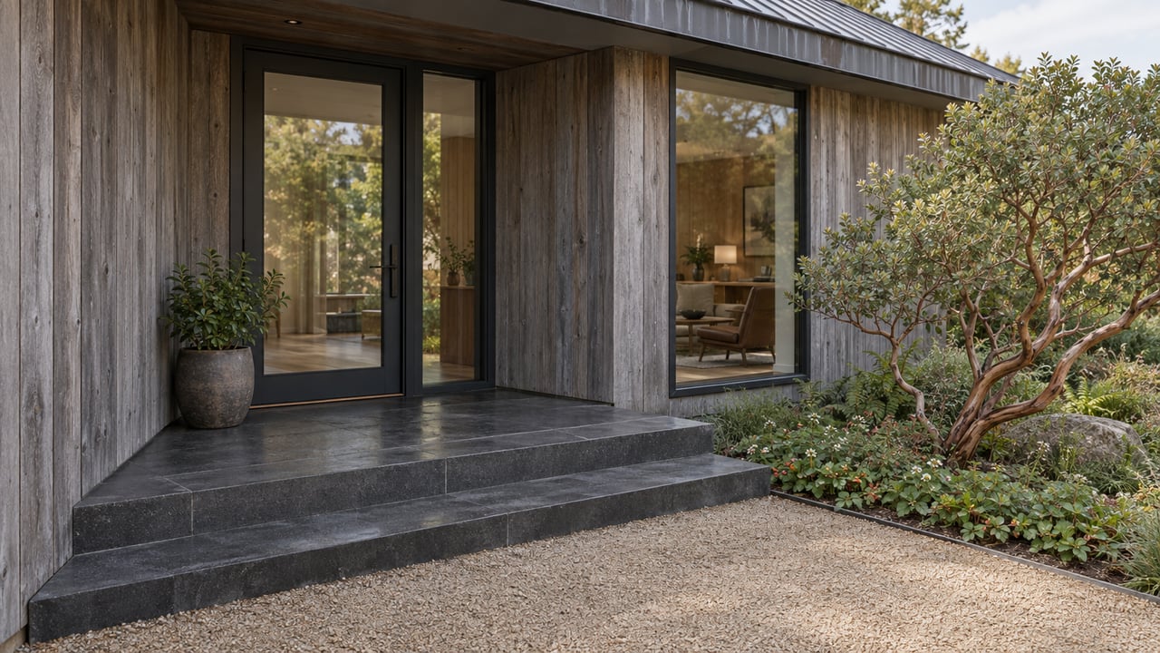 Contemporary home entry with weathered cedar siding, glazed door, basalt steps, and a twisting manzanita beside the path.