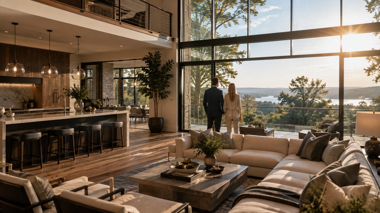 Affluent homebuyers viewing a sophisticated luxury home with expansive windows and scenic views, reflecting the emotional and lifestyle factors that influence luxury home buying decisions.