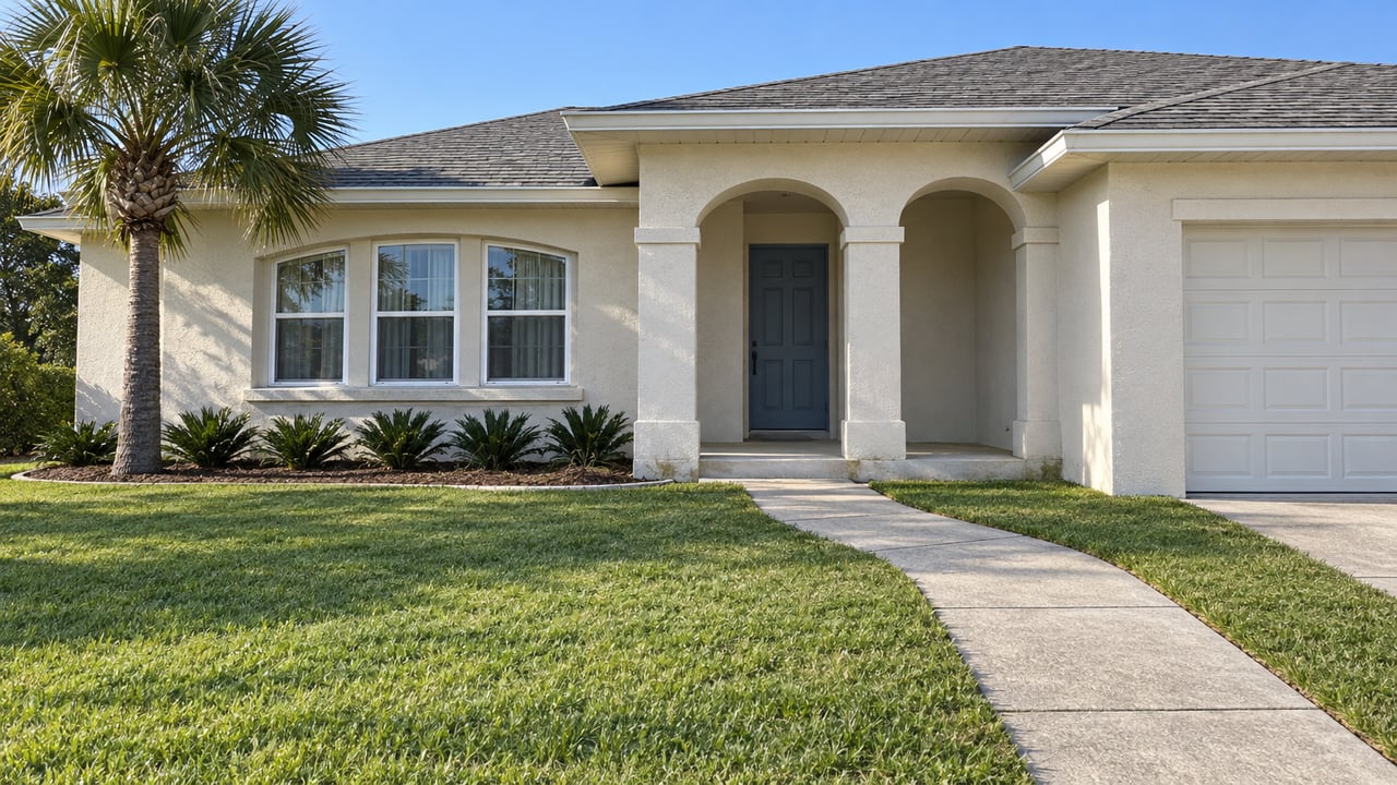 Sunlit single-story ivory stucco home with an arched porch, concrete front walk, broad lawn, and one mature palm.