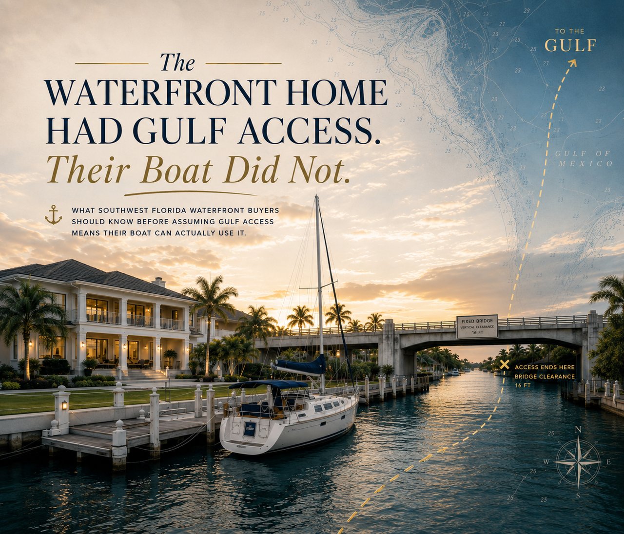 Southwest Florida Gulf-access waterfront home with sailboat, canal and fixed bridge illustrating boat clearance restrictions.