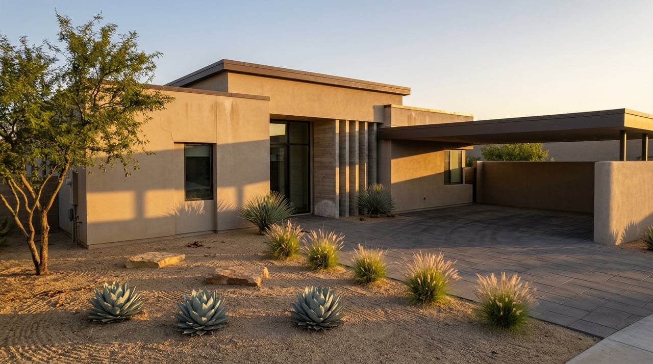 Contemporary sand-colored home with recessed glass entry, charcoal paver motor court, and sculptural desert plants.