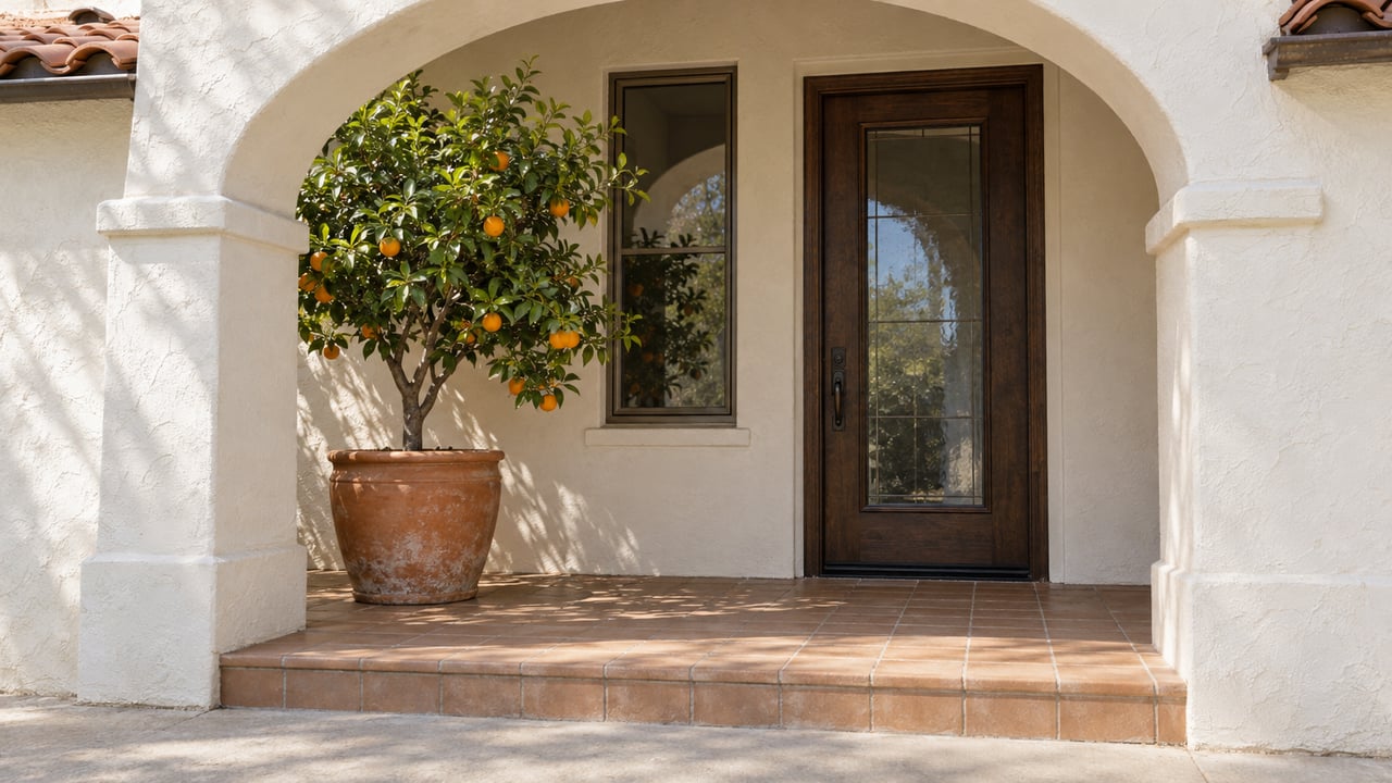 Sunlit ivory stucco arch framing a recessed oak-and-glass front door, buff tile steps and a terracotta pot holding a citrus tree.