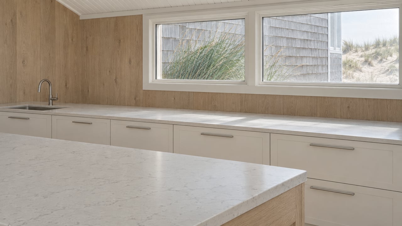 Quartz kitchen island beneath two windows, with dune grass and pale shingle siding outside.