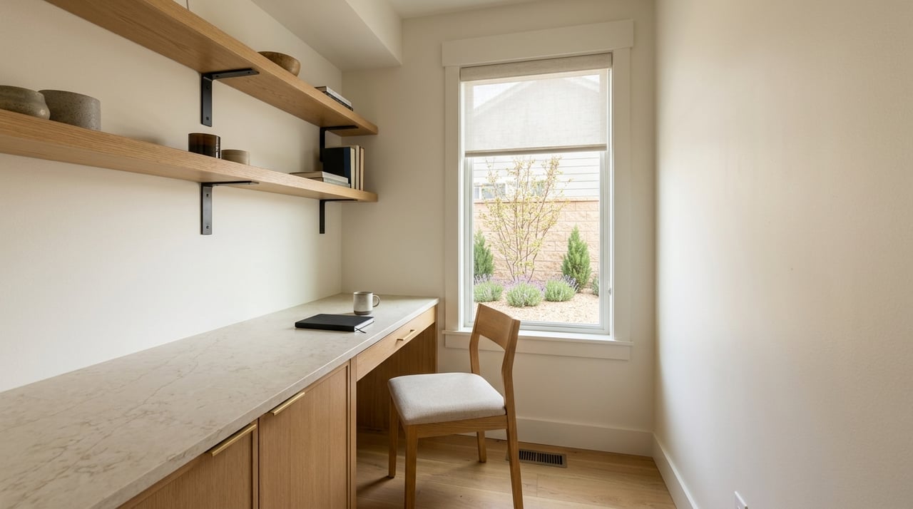 Built-in office nook with warm wood cabinetry, a desk, and soft window light.