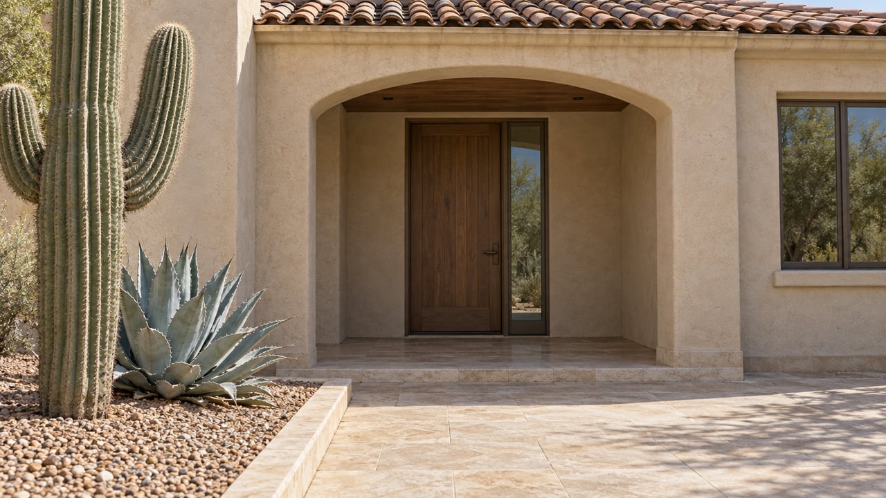 Sand-stucco home with a shaded arched entry, clay roof tiles, limestone approach, a mature saguaro and a blue-gray agave.