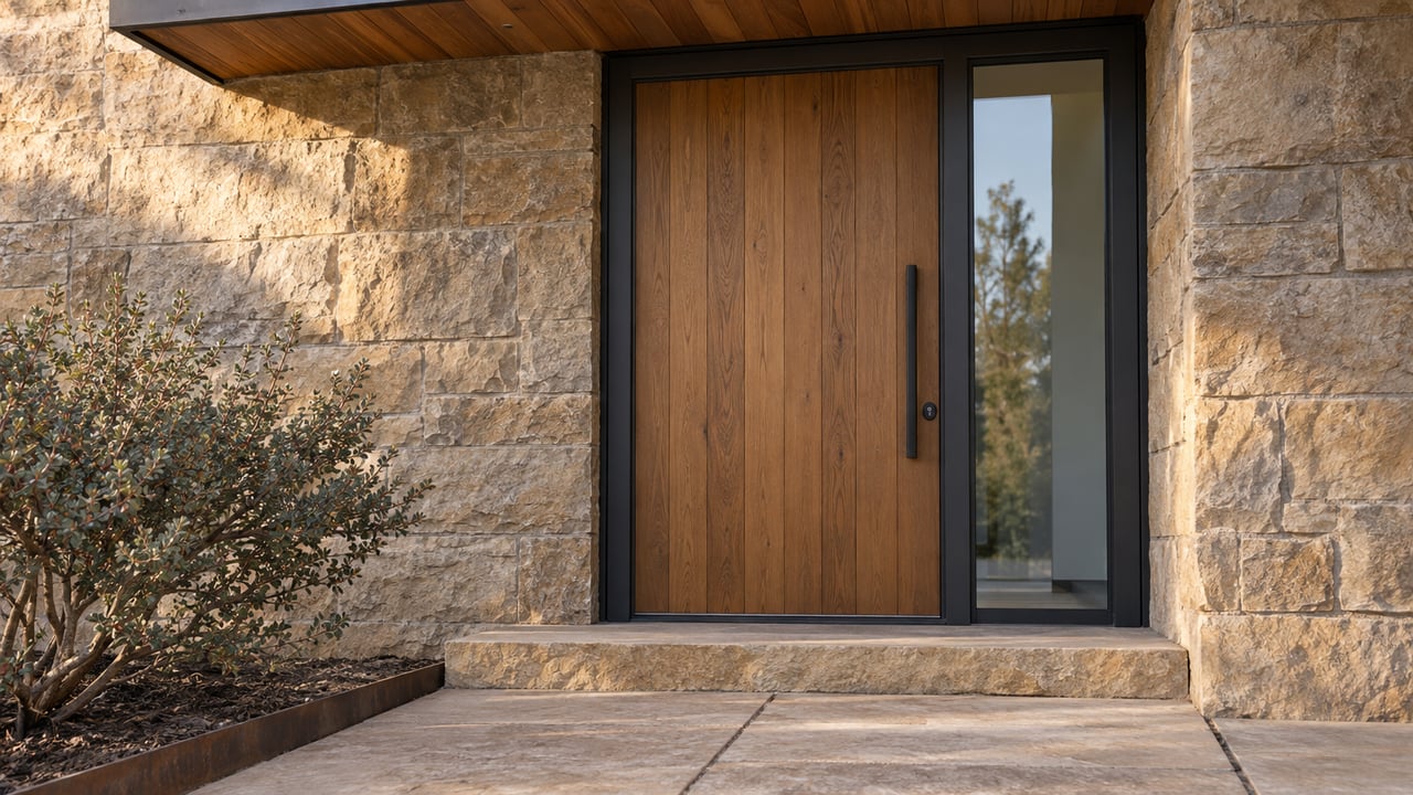 Oak front door with a narrow glass sidelight, set in buff sandstone above a raised doorstep.